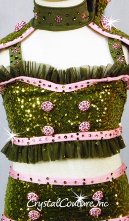Olive Green 2 Piece Top and skirt/Brief with Lt Pink Trim - Swarovski Rhinestones