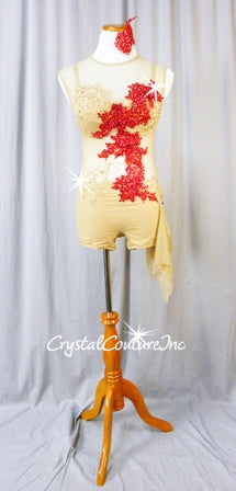 Nude Sheer Mesh & Lycra Biketard - Ivory & Red Beaded Appliques & Swarovski Rhinestones