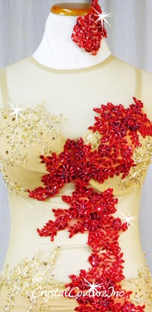 Nude Sheer Mesh & Lycra Biketard - Ivory & Red Beaded Appliques & Swarovski Rhinestones
