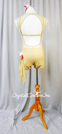 Nude Sheer Mesh & Lycra Biketard - Ivory & Red Beaded Appliques & Swarovski Rhinestones