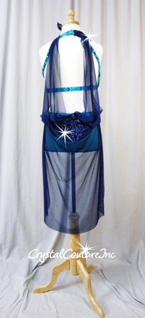 Turquoise 2 Pc Top/Trunk with Navy Sheer Mesh Draping and Half Skirt - Swarovski Rhinestones