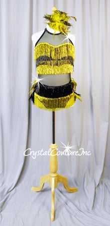 Black Sheer Mesh/Lycra Leotard with Yellow and Black Dangling Fringe and Feathers - Swarovski Rhinestones