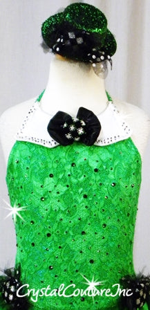 Tuxedo Inspired Kelly Green Lace Leotard with Feather & Chiffon Bustle - Swarovski Rhinestones