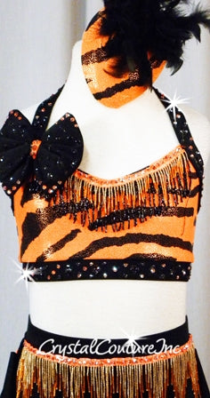 Black and Orange Animal Stripe 2Pc Halter Top and Brief/Back Tendril Skirt - Swarovski Rhinestones
