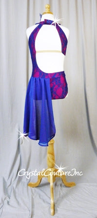 Fuchsia and Navy Blue Lace Leotard with Side Skirt - Swarovski Rhinestones