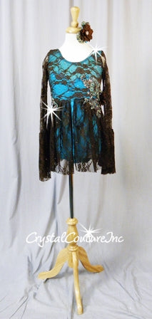 Lt Turquoise Leotard with Brown Floral Lace Overlay & Empire Waist Skirt - Swarovski Rhinestones