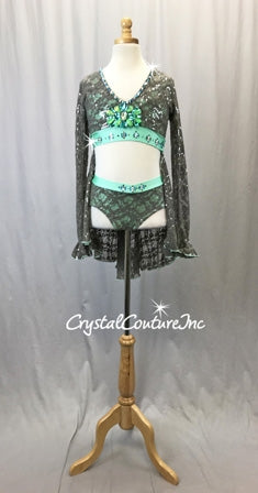 Gray Lace and Seafoam Green Lycra Long-sleeved Crop Top and Brief/Skirt - Rhinestones