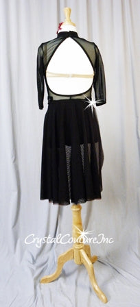 Black Sheer Mesh Leotard with Black Lycra Top & Trunk/Sheer Skirt - Appliques