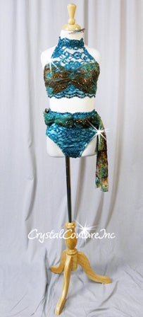 Teal Blue/Lt Turquoise/Brown Lace 2 Piece Crop Top & Trunks w/ Draped Belt - Swarovski Rhinestones