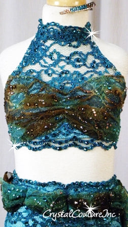Teal Blue/Lt Turquoise/Brown Lace 2 Piece Crop Top & Trunks w/ Draped Belt - Swarovski Rhinestones