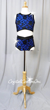 Cobalt Blue Crop Top & Trunks with Black Lace Overlay - Swarovski Rhinestones