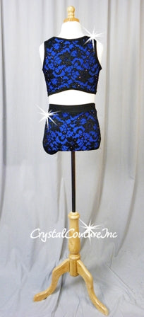 Cobalt Blue Crop Top & Trunks with Black Lace Overlay - Swarovski Rhinestones