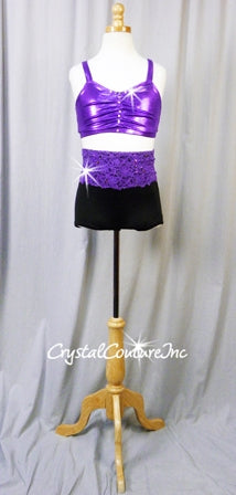 Shimmery Purple Bra-Top & Black/Purple Lace Booty Shorts - Rhinestones