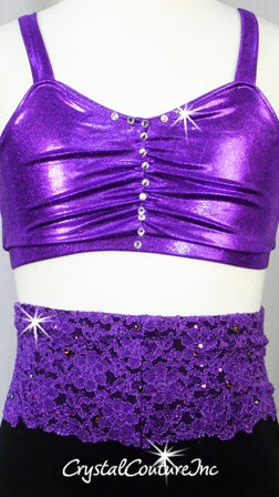 Shimmery Purple Bra-Top & Black/Purple Lace Booty Shorts - Rhinestones