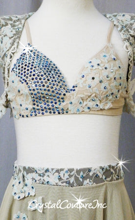 Lt Blue/Nude Lace Bra Top and Shrug with Mesh Skirt/Booty Shorts - Rhinestones