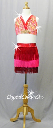 Red & Hot Pink 2 Pc Top and Booty Shorts/Fringe Skirt - Rhinestones - Swarovski Rhinestones
