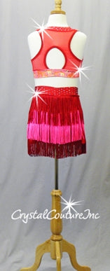 Red & Hot Pink 2 Pc Top and Booty Shorts/Fringe Skirt - Rhinestones - Swarovski Rhinestones