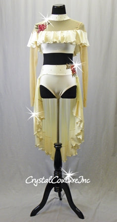 Ivory Lycra and Sheer Mesh 2 pc Long Sleeve Top and Trunk/Half Skirt - Rhinestones