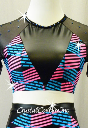 Teal Blue and Pink  Top/Trunks with Sheer Mesh & Pleather Rhinestones