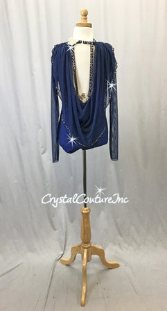 Navy Blue Lycra Leotard with Sheer Mesh Sleeves and Back Draping - Appliques - Rhinestones