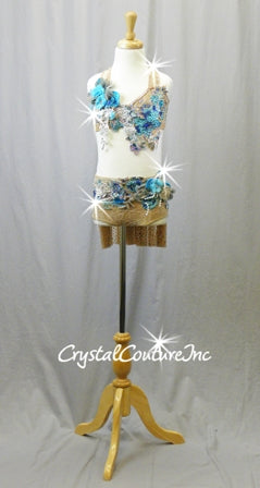 Nude Floral Lace Bra-Top and Trunks with Embroidered Appliques - Swarovski Rhinestones