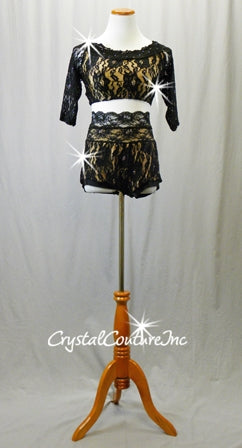 Black Lace with Nude Lycra 3/4 Sleeve Top and High-Waist Shorts - Rhinestones