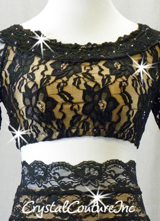 Black Lace with Nude Lycra 3/4 Sleeve Top and High-Waist Shorts - Rhinestones