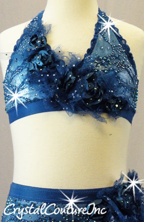 Teal Blue floral Lace 2-Piece Halter Top and Trunks with Floral Appliques - Swarovski Rhinestones