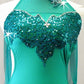Green High-Neck Leotard with Floral Details and Mesh Draping - Swarovski Rhinestones