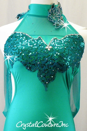 Green High-Neck Leotard with Floral Details and Mesh Draping - Swarovski Rhinestones