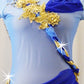 Lt Blue Mesh & Nude Lycra Leotard with Navy Accents and Gold Floral Applique -  Rhinestones
