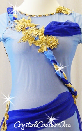 Lt Blue Mesh & Nude Lycra Leotard with Navy Accents and Gold Floral Applique -  Rhinestones