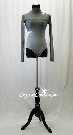 Grey Mesh Ombre Leotard with Long Sleeves and Open Back - Rhinestones