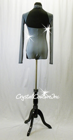 Grey Mesh Ombre Leotard with Long Sleeves and Open Back - Rhinestones