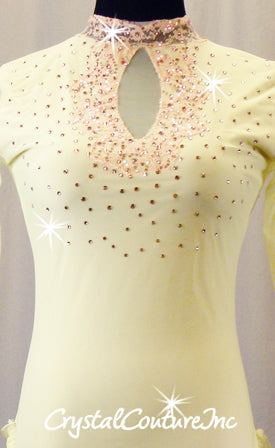 Ivory Long Sleeve Lycra & Sheer Mesh Leotard with Pink Lace & Short Back Skirt - Rhinestones