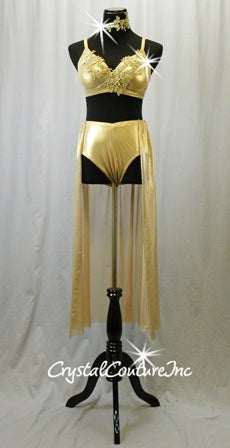 Shimmery Gold Bra and Trunks with Long Mesh Back Skirt - Swarovski Rhinestones