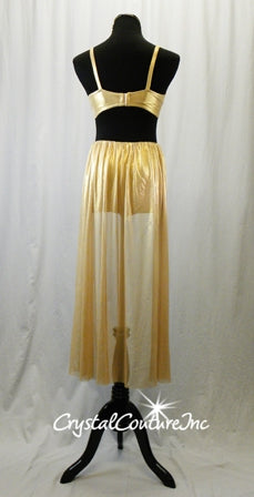 Shimmery Gold Bra and Trunks with Long Mesh Back Skirt - Swarovski Rhinestones