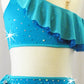 Teal Blue Top and Trunks with Asymmetrical Mesh Draping and Skirt - Rhinestones