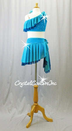 Teal Blue Top and Trunks with Asymmetrical Mesh Draping and Skirt - Rhinestones