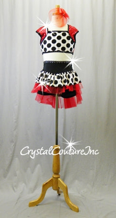 Black/White Polka Dot Top and Booty Shorts/Skirt with Red Accents - Rhinestones