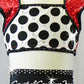Black/White Polka Dot Top and Booty Shorts/Skirt with Red Accents - Rhinestones