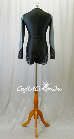 Black/Grey/White Patterned Long Sleeve Bike-A-Tard - Swarovski Rhinestones