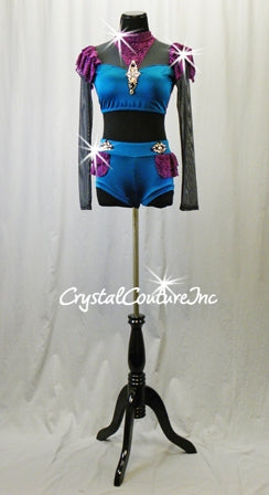Teal Blue & Purple Lace 2 Pc Top and Booty Shorts - Rhinestones