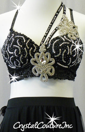 Black Lace Bra Top and Lycra Net Skirt with Rhinestone Appliques Swarovski Rhinestones