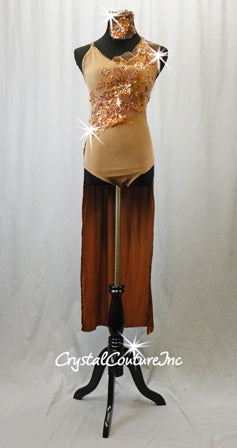 Brown Leotard with Embroidered Floral Applique and Long Back Skirt - Rhinestones