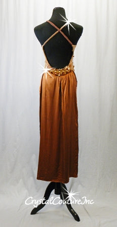 Brown Leotard with Embroidered Floral Applique and Long Back Skirt - Rhinestones