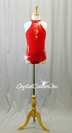 Red Leotard with Lace Cut-Outs and Open Back - Swarovski Rhinestones