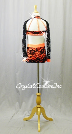Orange Top & Booty Shorts with Black Floral Lace - Swarovski Rhinestones