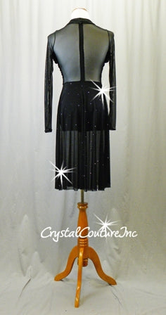 Black Long Sleeve Sheer Mesh Dress/Leotard - Swarovski Rhinestones