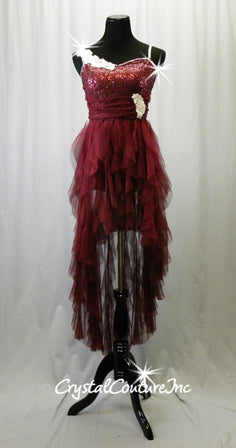 Burgundy Sequin/Mesh Leotard with High-low Sheer Mesh Skirt - Swarovski Rhinestones